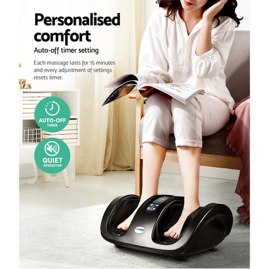 Woman enjoying personalized comfort with Livemor Foot Massager featuring auto-off timer and quiet operation.