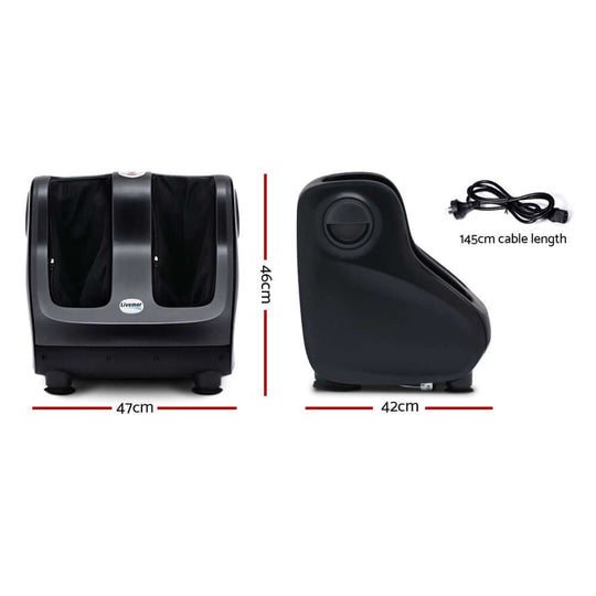 Livemor Foot Massager dimensions 47cm width, 46cm height, 42cm depth with 145cm cable length, featuring a sleek black design.