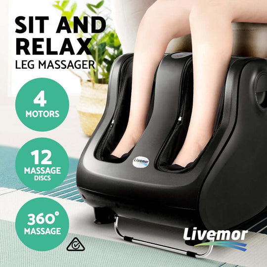 Affordable Livemor leg massager with 4 motors, 12 massage discs, and 360° massage for quality relaxation at home.