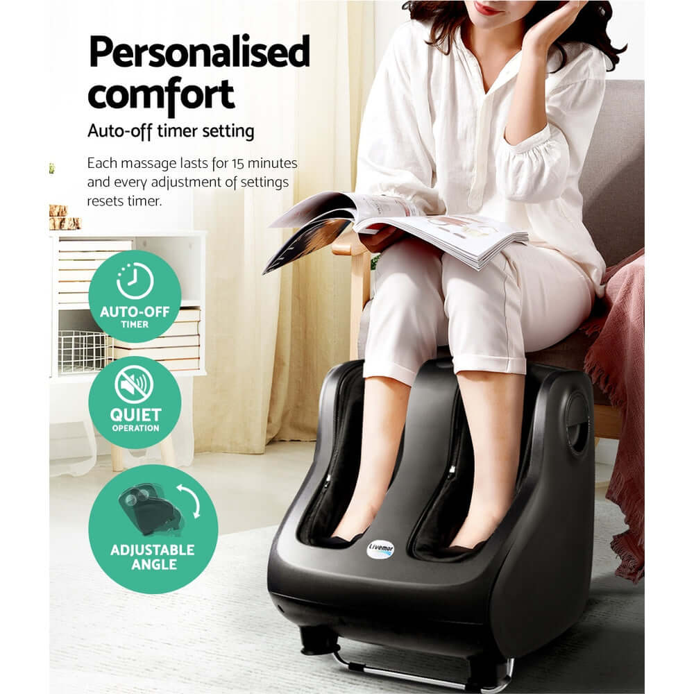 Livemor foot massager showcasing personalised comfort with auto-off timer, quiet operation, and adjustable angle features.