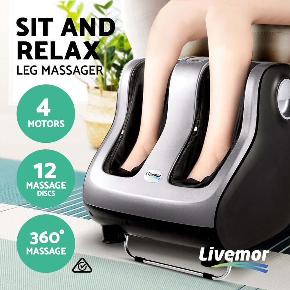 Livemor leg massager with 4 motors and 12 massage discs offering a 360-degree massage experience for relaxation and wellness.