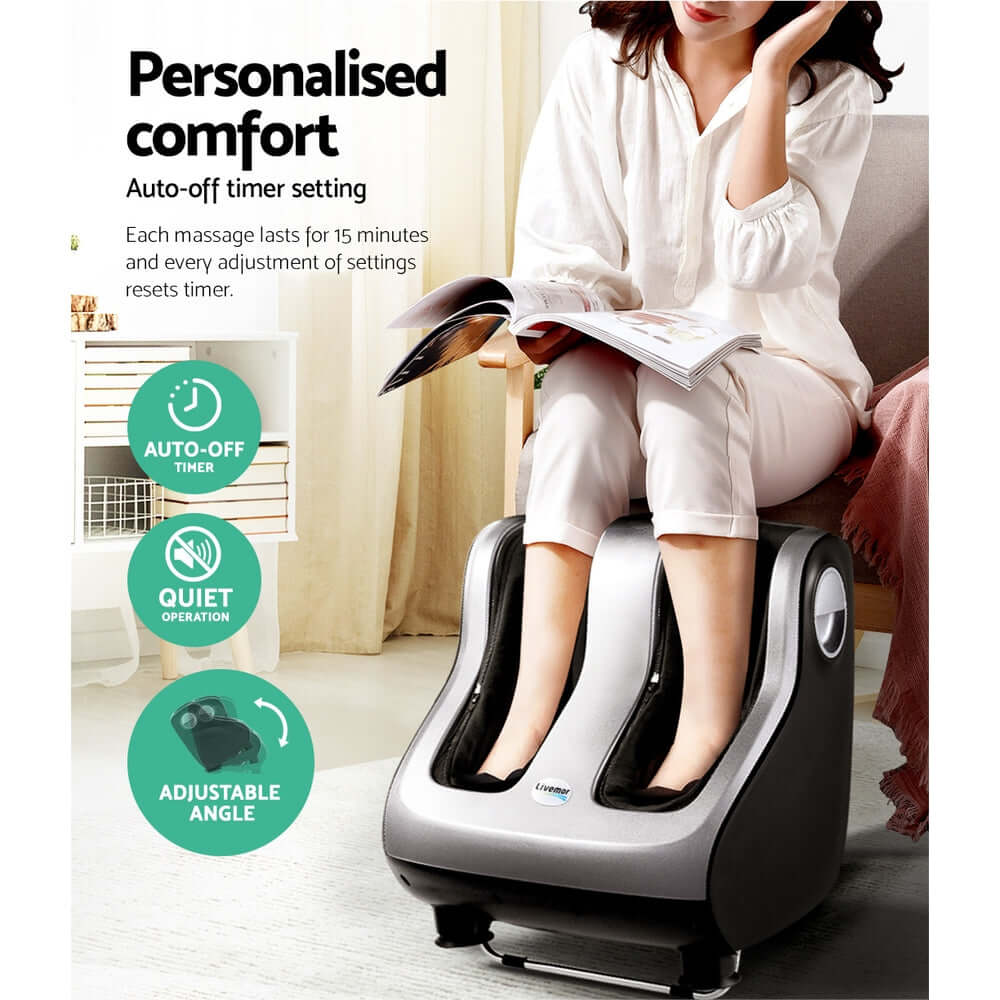 Woman enjoying personalized comfort with the Livemor Foot Massager featuring adjustable settings and an auto-off timer.