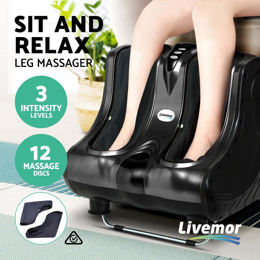 Sit and relax with Livemor Leg Massager featuring 3 intensity levels and 12 massage discs for affordable deep tissue relief.