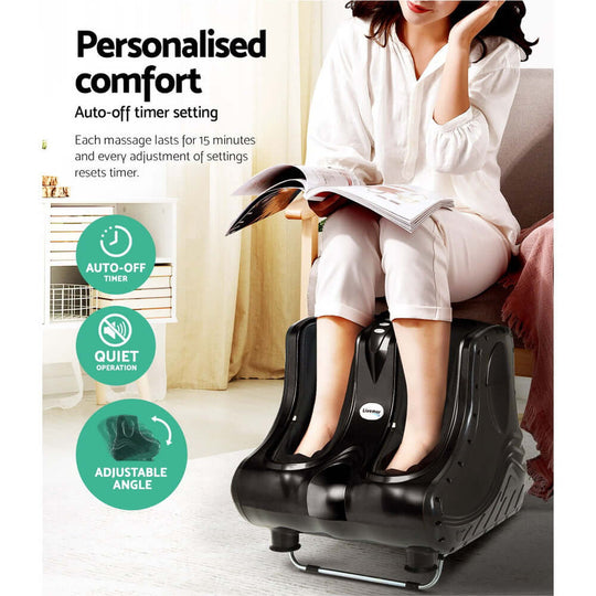 Livemor Foot Massager with auto-off timer, quiet operation, and adjustable angle, offering personalized comfort for relaxation.