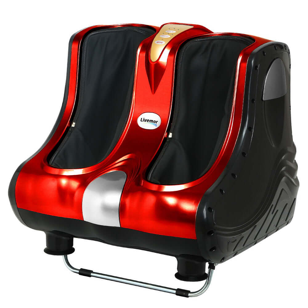 Livemor Foot Massager in red and black, designed for shiatsu kneading for feet, ankles, and calves. Affordable comfort device.