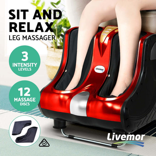 Livemor leg massager featuring 3 intensity levels and 12 massage discs for a relaxing foot and calf experience.