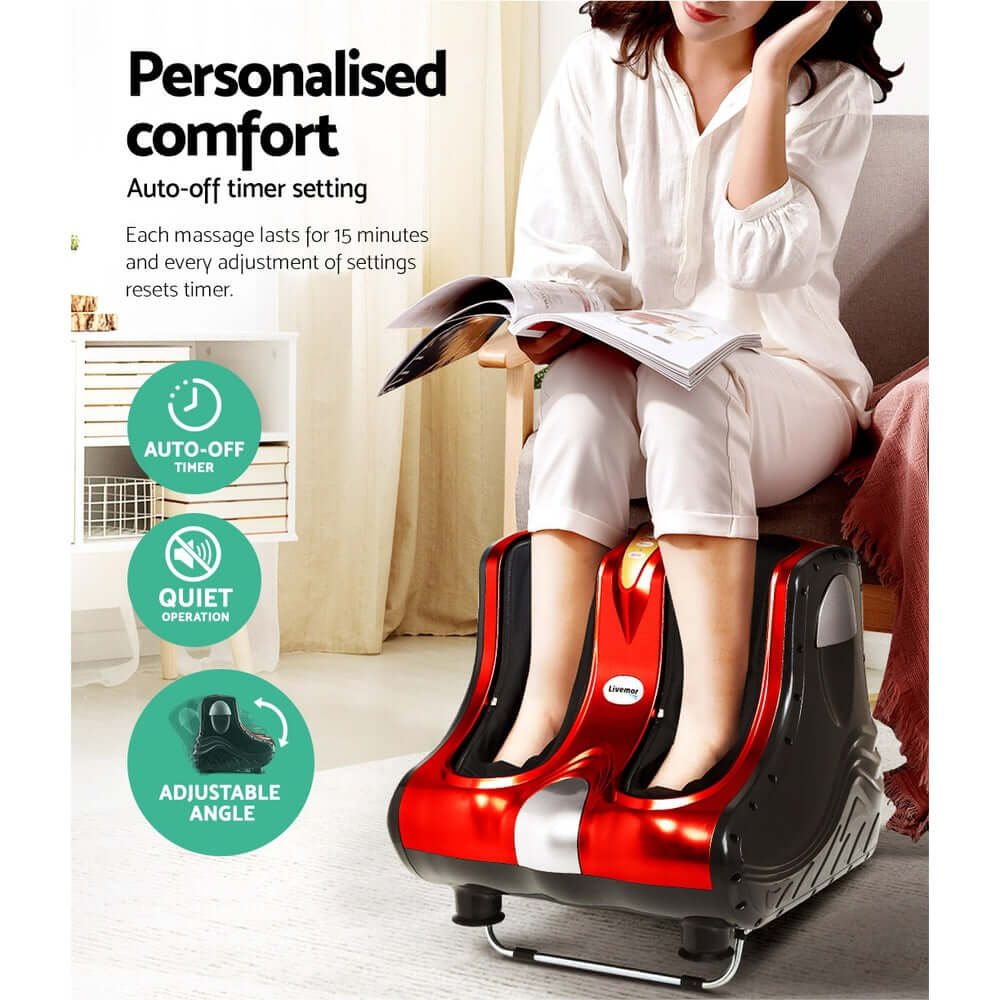 Woman enjoying personalized comfort with Livemor Foot Massager featuring auto-off timer and adjustable angle settings.