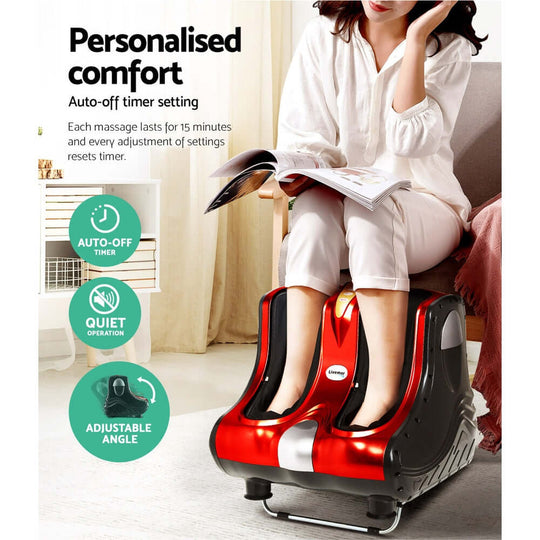 Woman enjoying personalized comfort with Livemor Foot Massager featuring auto-off timer and adjustable angle settings.