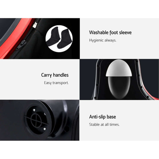 Features of Livemor Foot Massager: washable foot sleeve, carry handles for transport, and anti-slip base for stability.