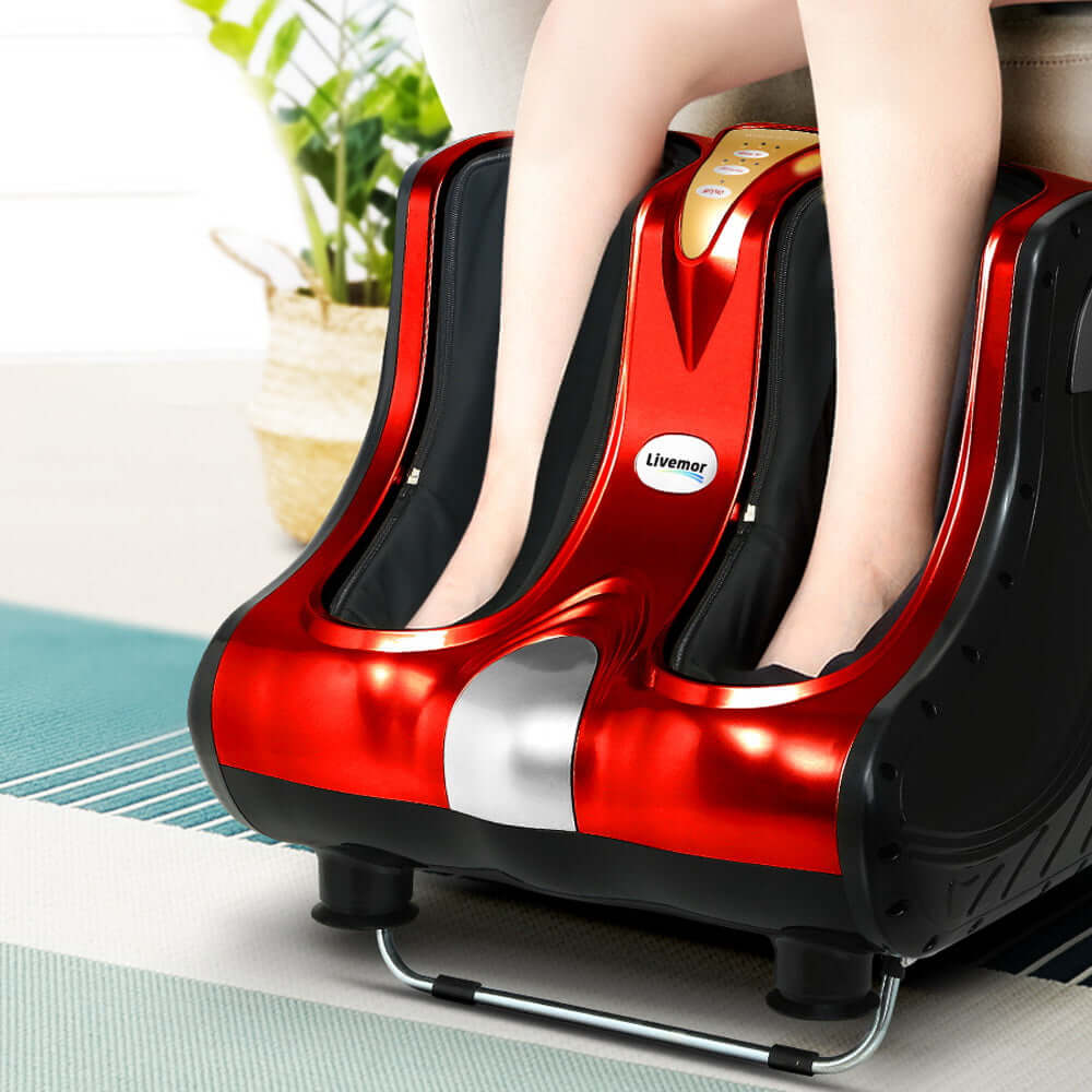 Livemor foot massager in red, designed for effective calf and ankle massage, promoting relaxation and wellness.