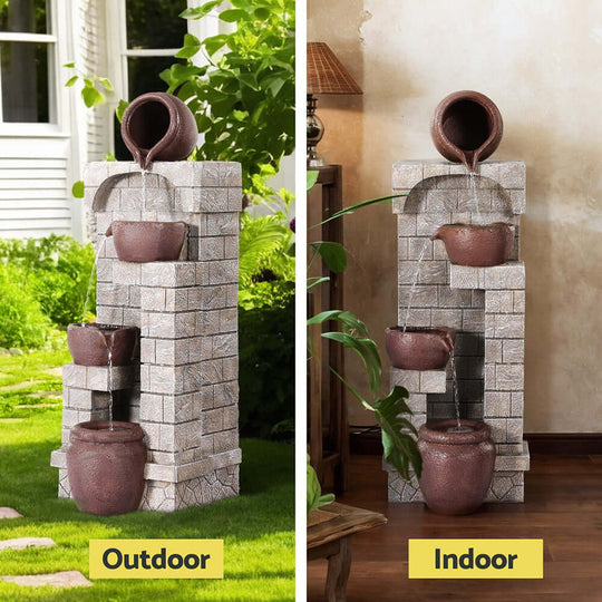 Gardeon 4-Tier Solar Fountain, showing outdoor and indoor settings with cascading water flow and rustic design.