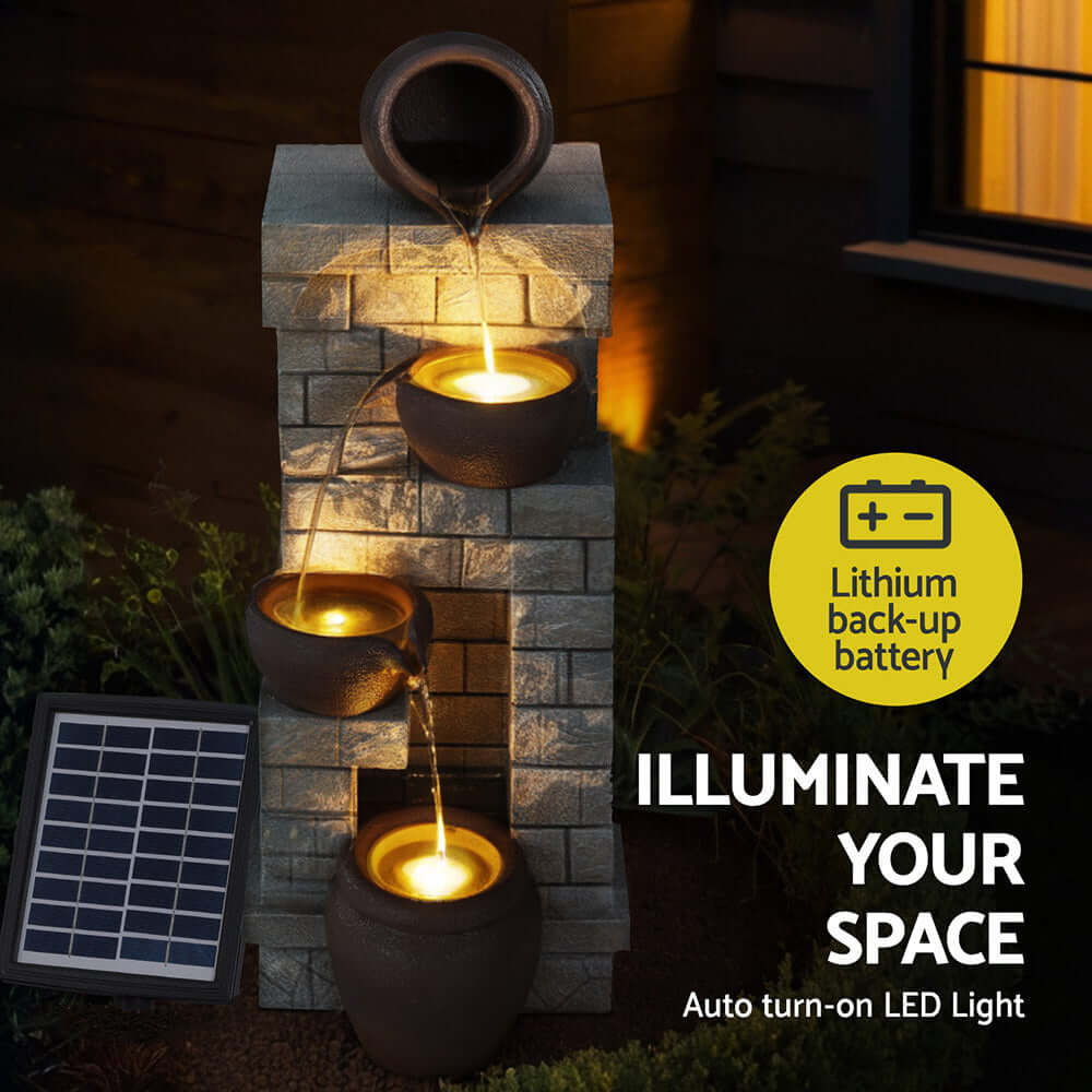 Gardeon Solar Fountain with LED lighting, cascading design, and lithium battery for outdoor tranquility.