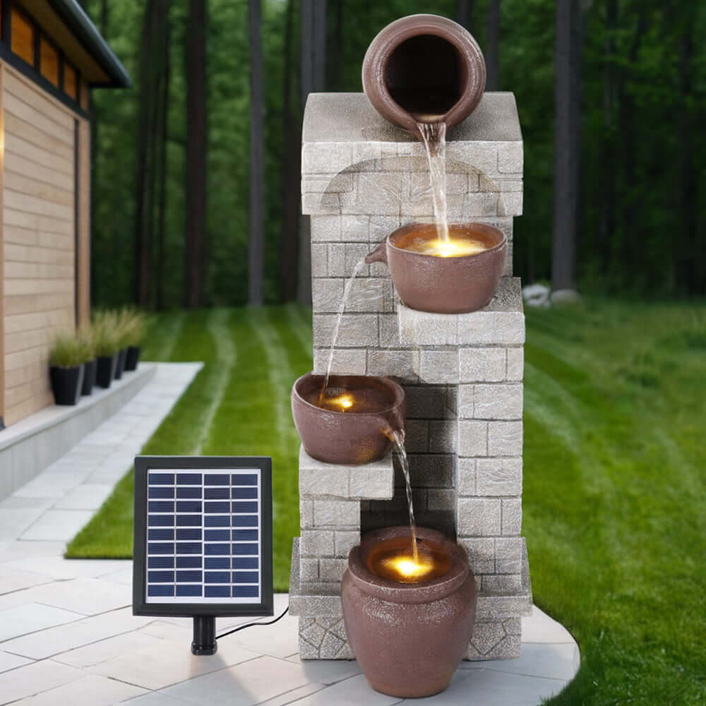 Gardeon solar fountain water feature with cascading pots, solar panel, and LED lights for outdoor relaxation.