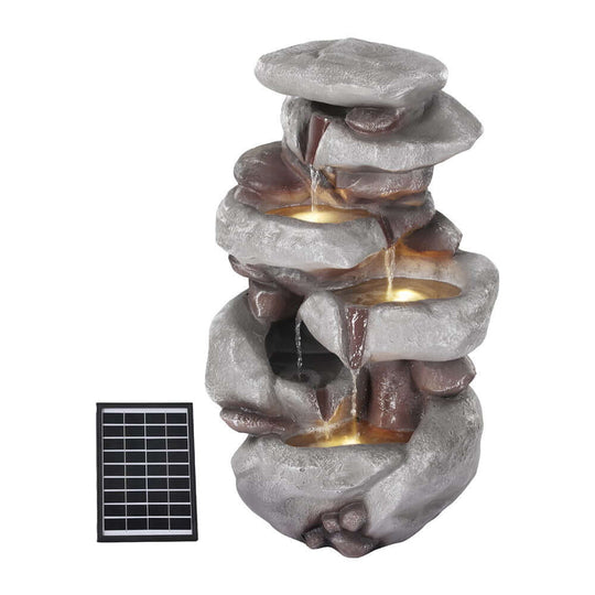 Gardeon solar water fountain with 4-tier cascading design and solar panel, enhancing outdoor and indoor spaces.