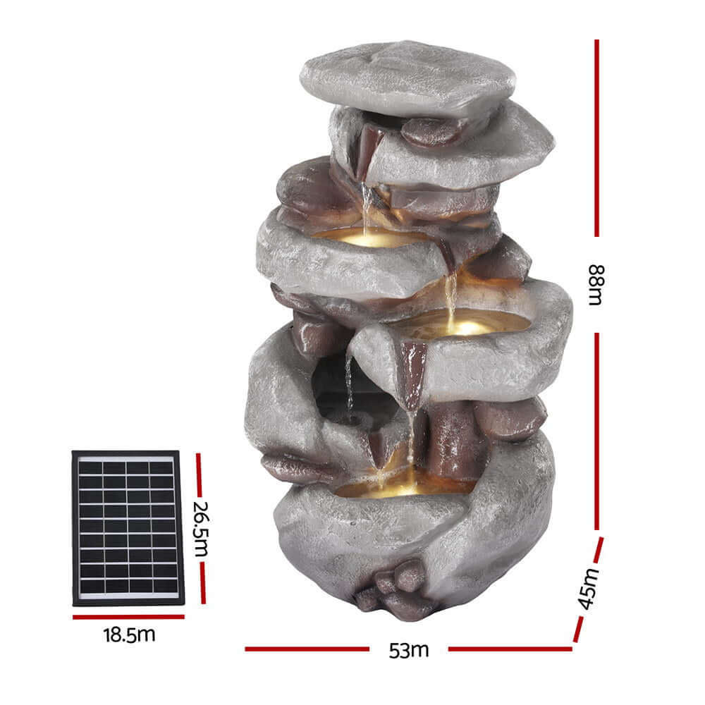 Gardeon Solar Fountain: 4-tier cascading water feature with LED lights, showcasing affordable elegance for outdoor decor.