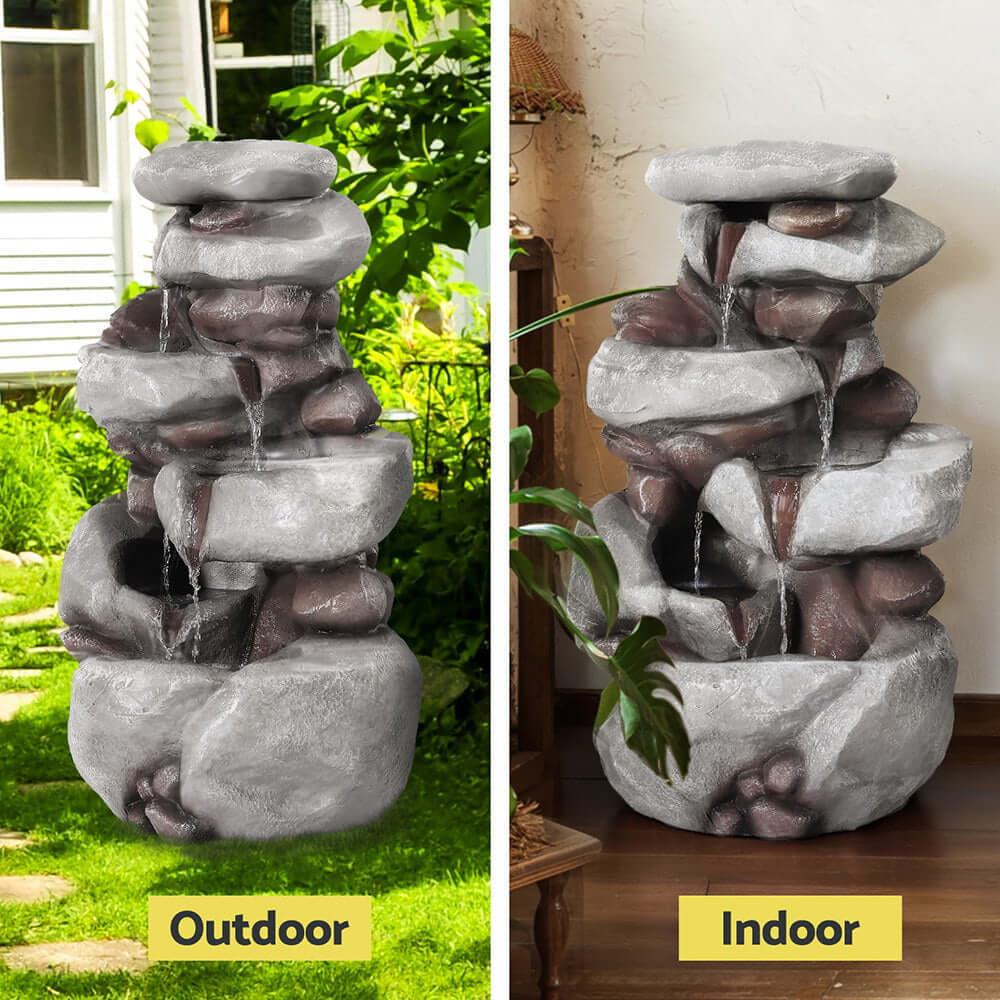 Gardeon 4-Tier Solar Fountain for outdoor and indoor use, featuring cascading stone design and LED lighting.