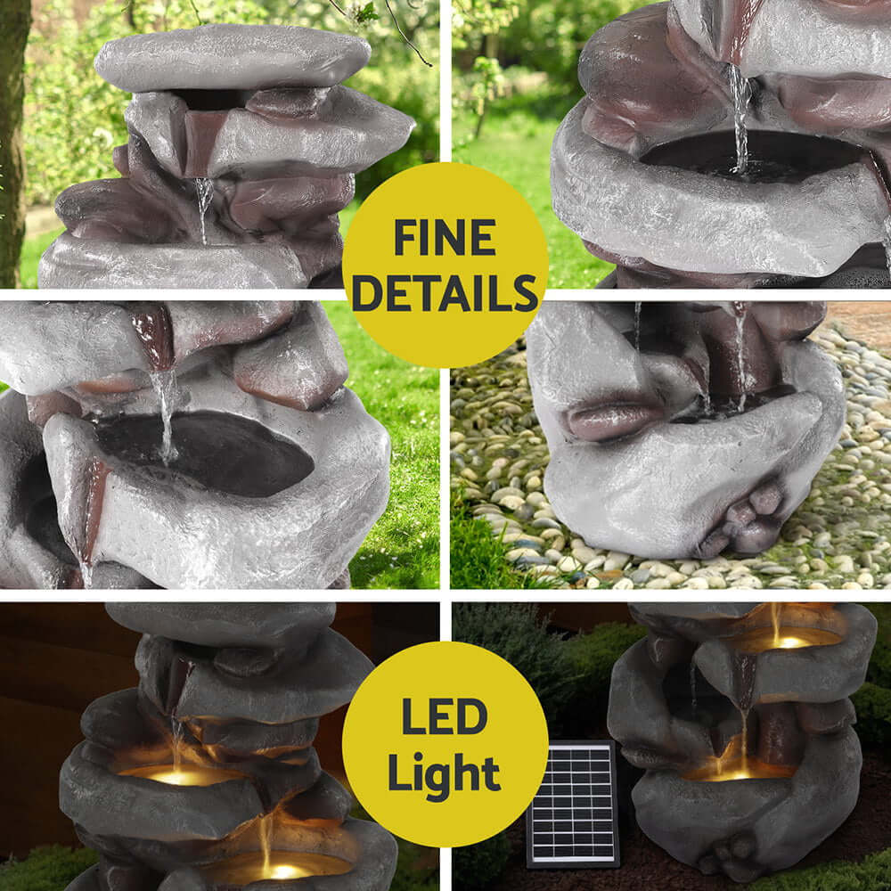 Gardeon solar fountain with fine details and LED light, showcasing its 4-tier cascading design for outdoor decor.