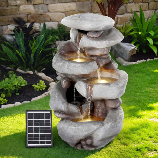 Gardeon affordable solar fountain with 4-tier design, LED lights, perfect for DIY indoor and outdoor settings.