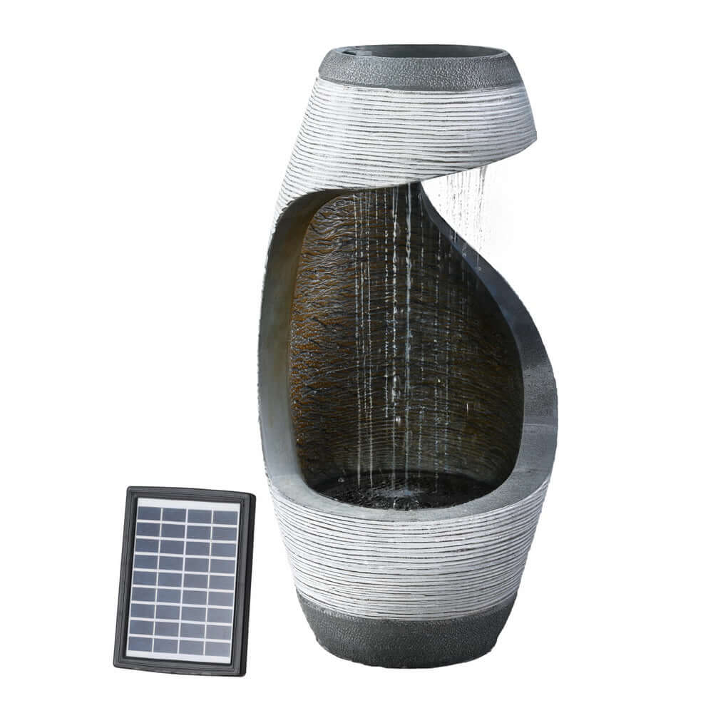 Gardeon solar fountain water feature with cascade design, solar panel, and elegant grey finish for outdoor gardens.