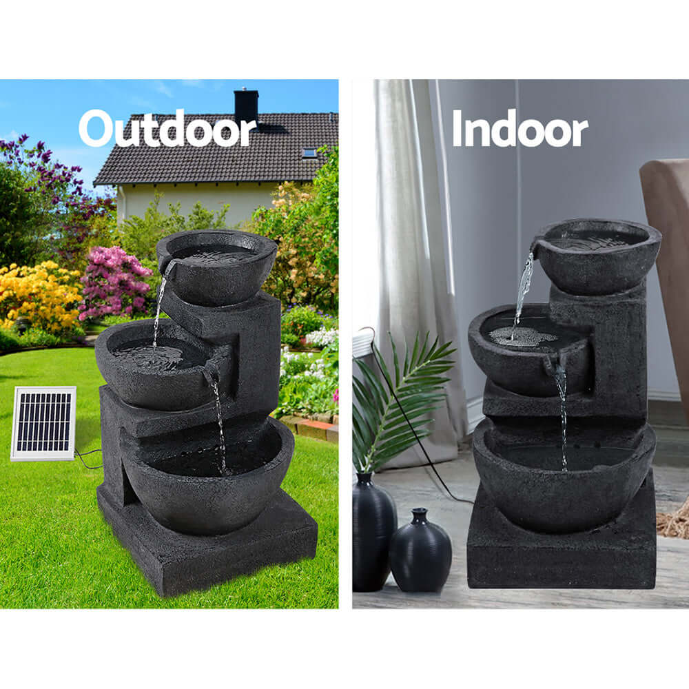 Gardeon Solar Water Feature in outdoor and indoor settings, showcasing a 3-tier fountain with LED lights.