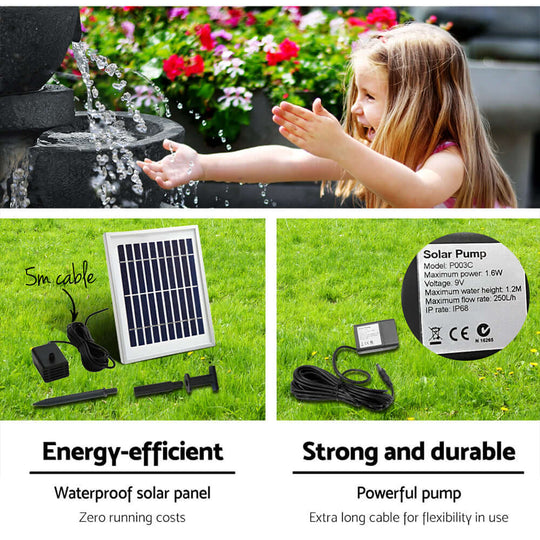 Energy-efficient solar pump with waterproof panel, strong durability, and 5m cable for outdoor fountains.