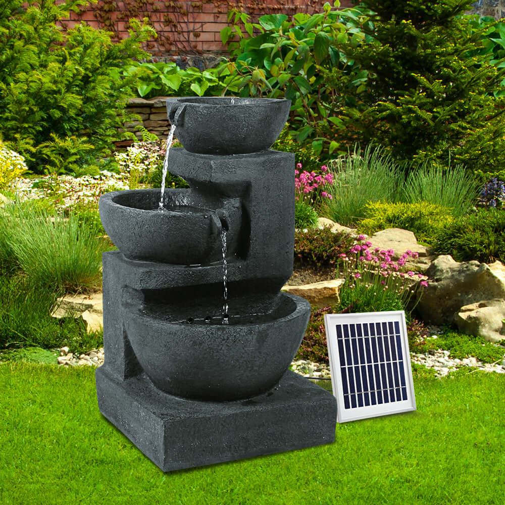 Gardeon Solar 3-Tier Fountain with cascading bowls and solar panel, perfect for affordable outdoor decor.