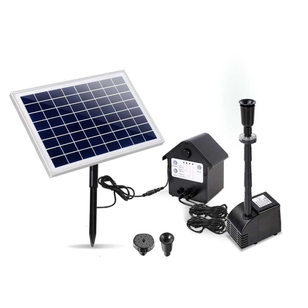 Gardeon solar pond pump kit with solar panel, battery, and fountain components for DIY garden luxury.