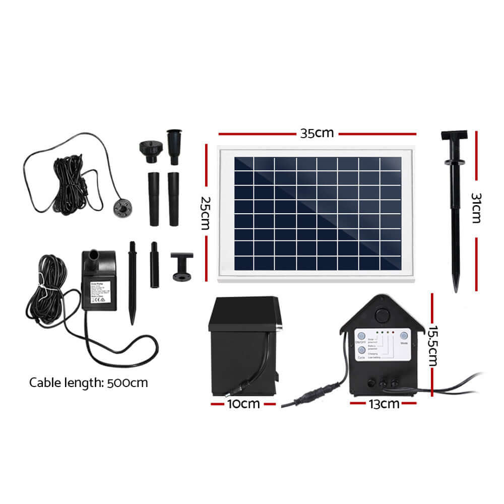 Gardeon solar pond pump kit components including solar panel, pump, hoses, and accessories for DIY water fountain.