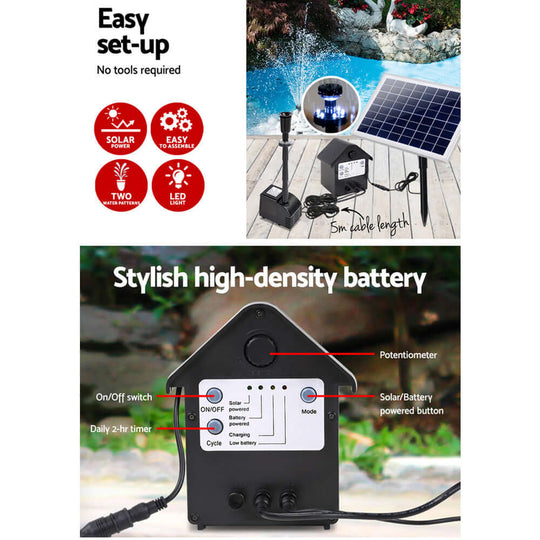 Gardeon Solar Pond Pump features easy set-up, LED lights, and high-density battery for a stunning garden fountain.