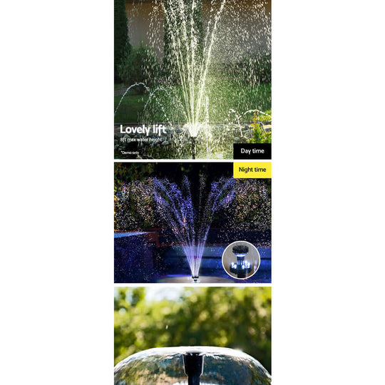 Gardeon Solar Pond Pump fountain showcasing daytime and nighttime illuminated water displays.