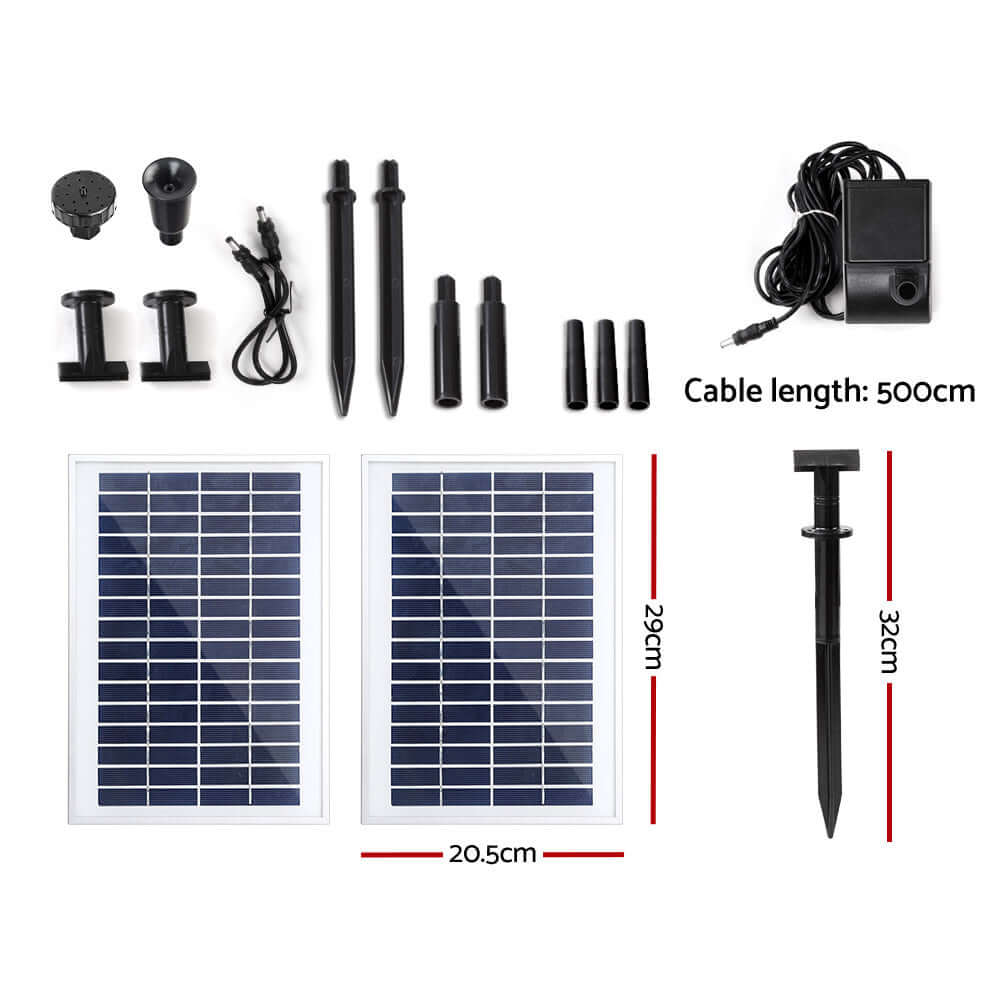 Gardeon Solar Pond Pump parts including solar panels, pump, cables and accessories for DIY installation.