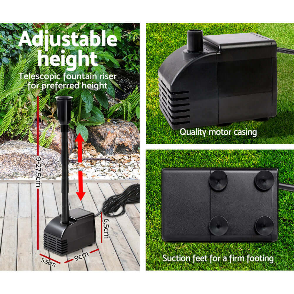 Adjustable height solar pond pump with quality motor casing and suction feet for stability, perfect for DIY garden fountains.