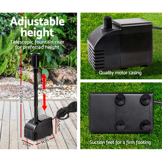 Adjustable height solar pond pump with quality motor casing and suction feet for stability, perfect for DIY garden fountains.