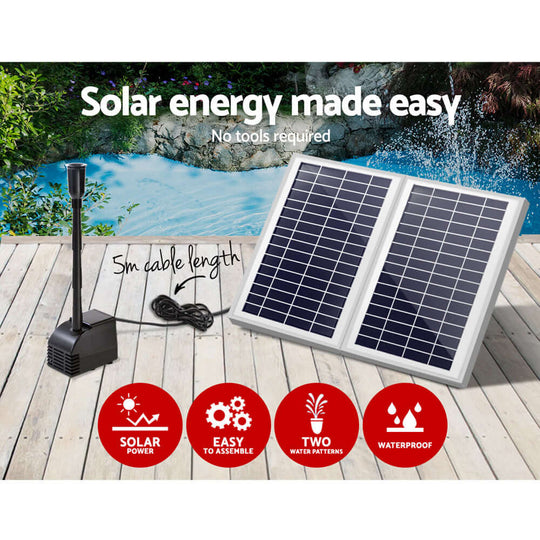 Gardeon Solar Pond Pump Kit with two panels, showcasing solar power, waterproof design, and tool-free setup in a garden setting.