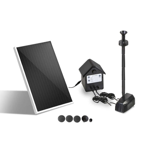 Gardeon solar pond pump kit with solar panel, battery, and fountain parts for DIY garden decoration.