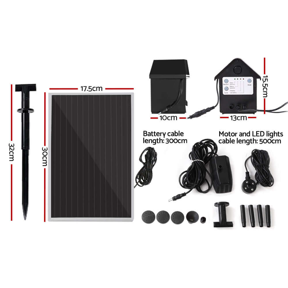 Gardeon Solar Pond Pump components including solar panel, battery kit, and LED lights cabling for DIY garden fountain.