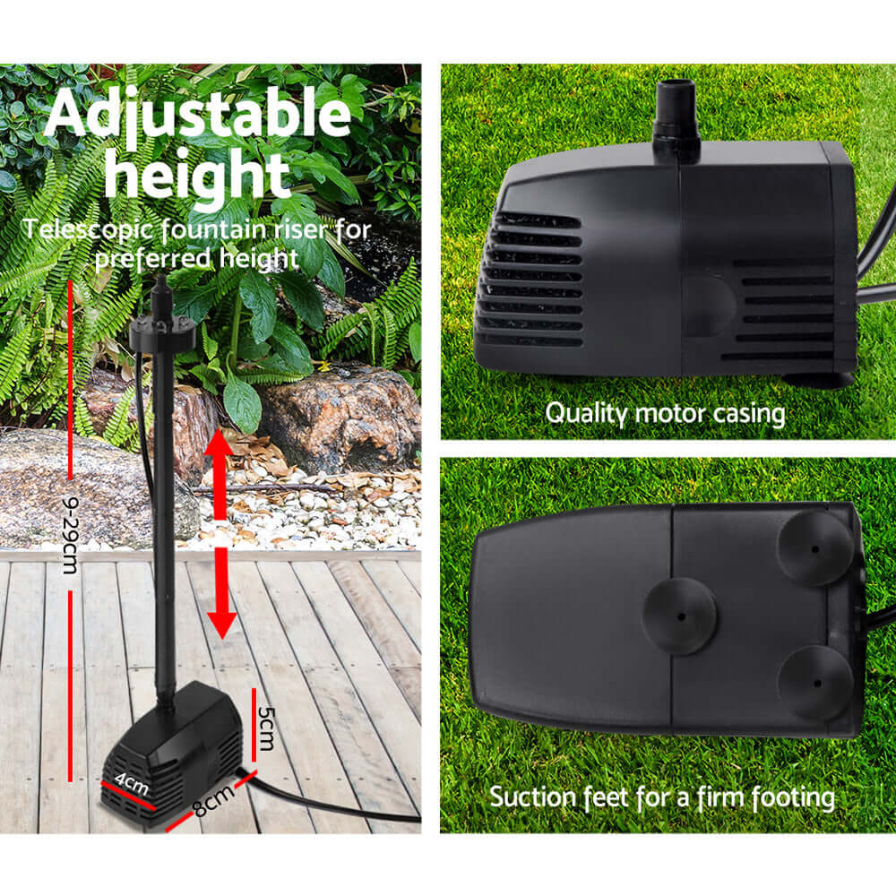 Adjustable submersible fountain pump with quality casing and suction feet for firm footing, ideal for DIY garden projects.