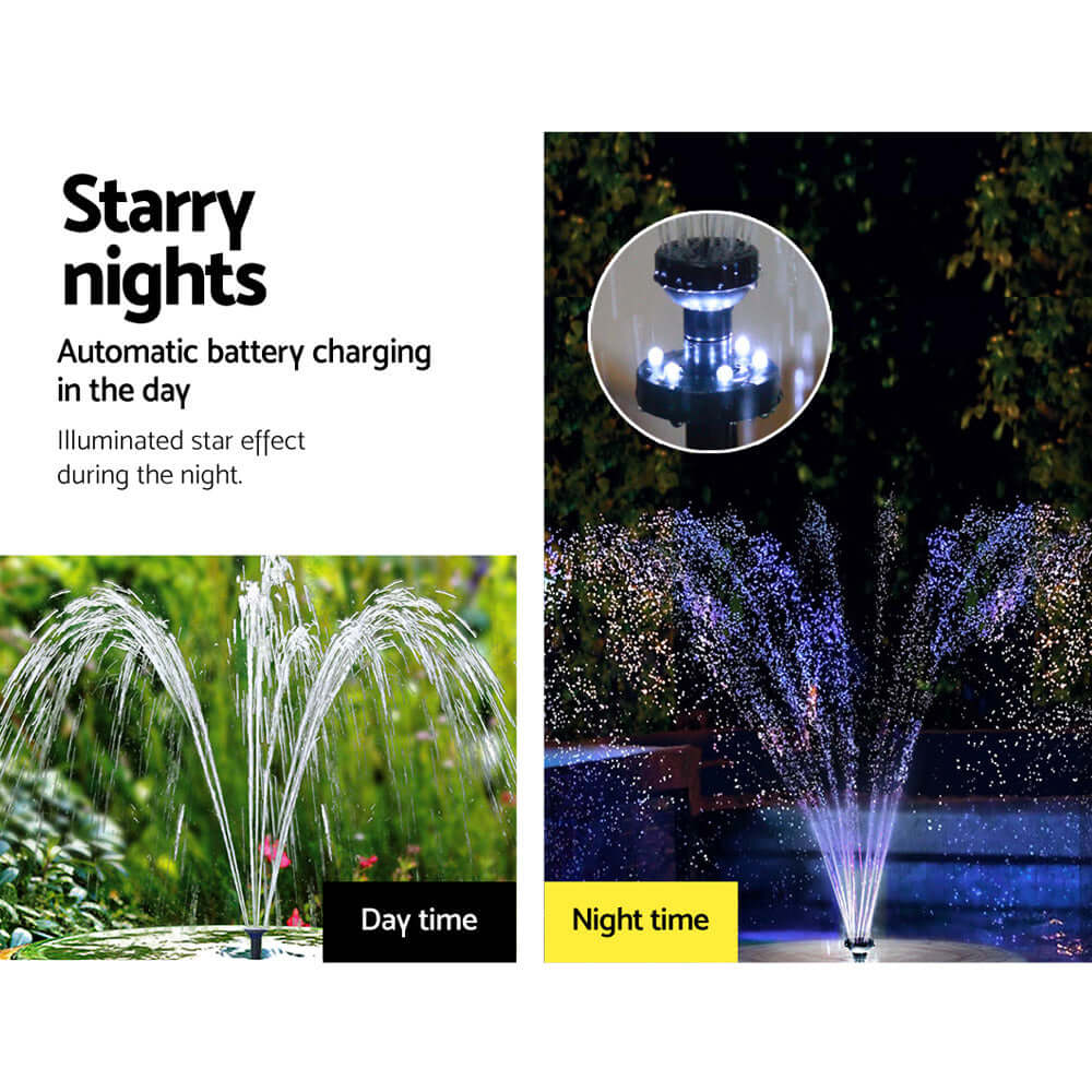 Gardeon solar pond pump fountain showcasing daytime and nighttime LED effects for gardens.