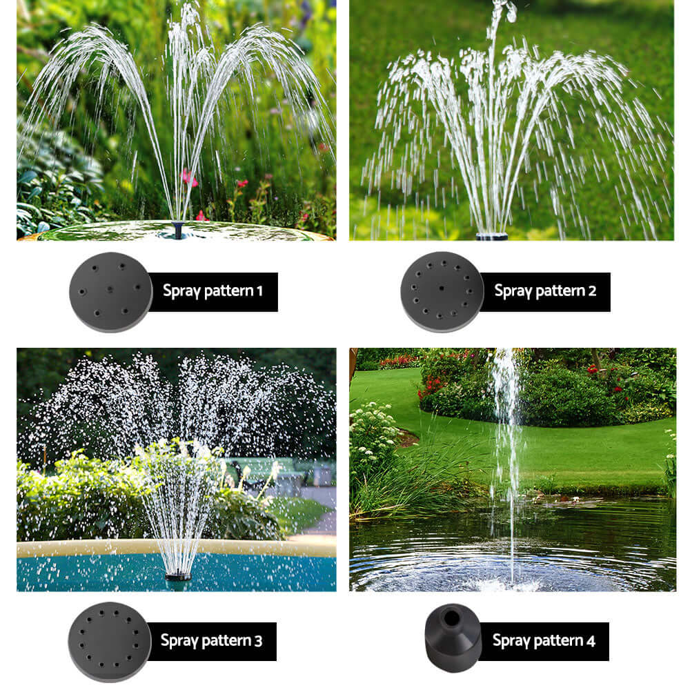 Four spray patterns for Gardeon Solar Pond Pump, showcasing varied fountain designs in a garden setting.