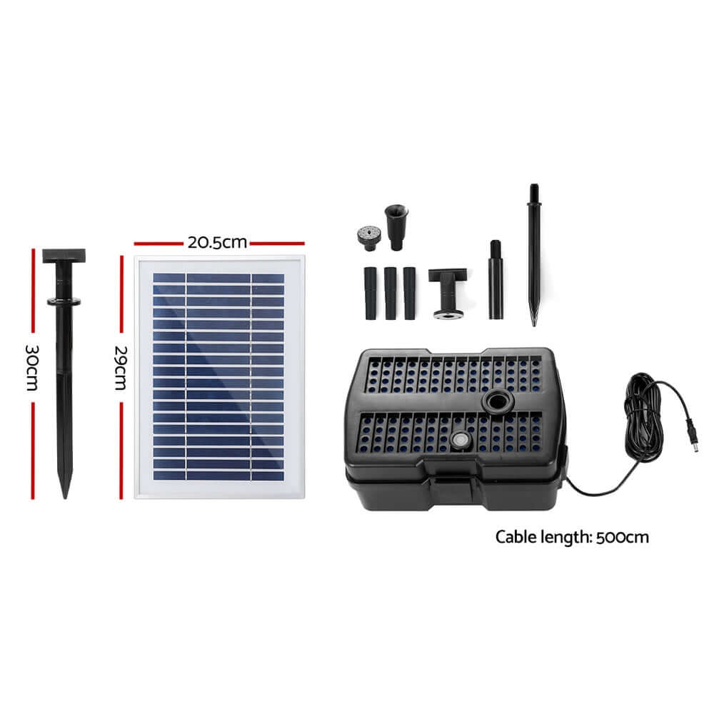 Gardeon solar pond pump components including filter box, solar panel, and accessories for affordable DIY garden upgrades.