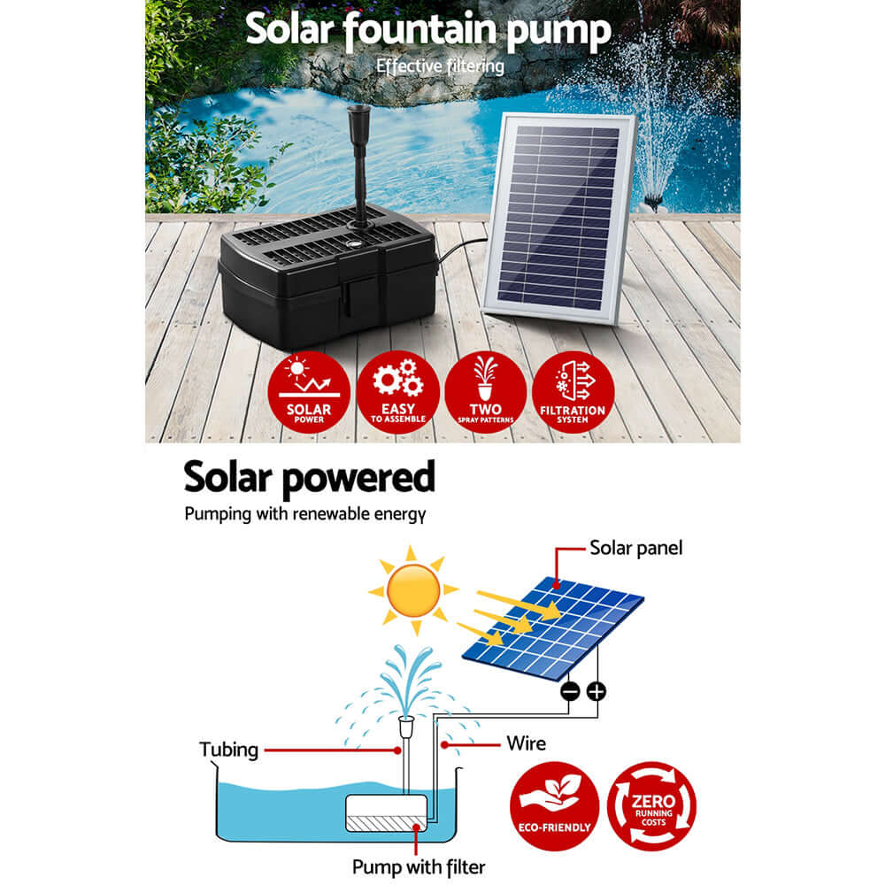 Gardeon solar pond pump with filter, eco-friendly, affordable, easy installation, two-stage filtration system.