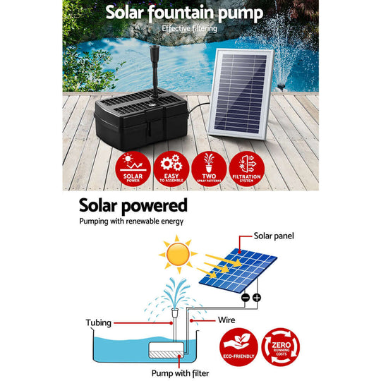 Gardeon solar pond pump with filter, eco-friendly, affordable, easy installation, two-stage filtration system.