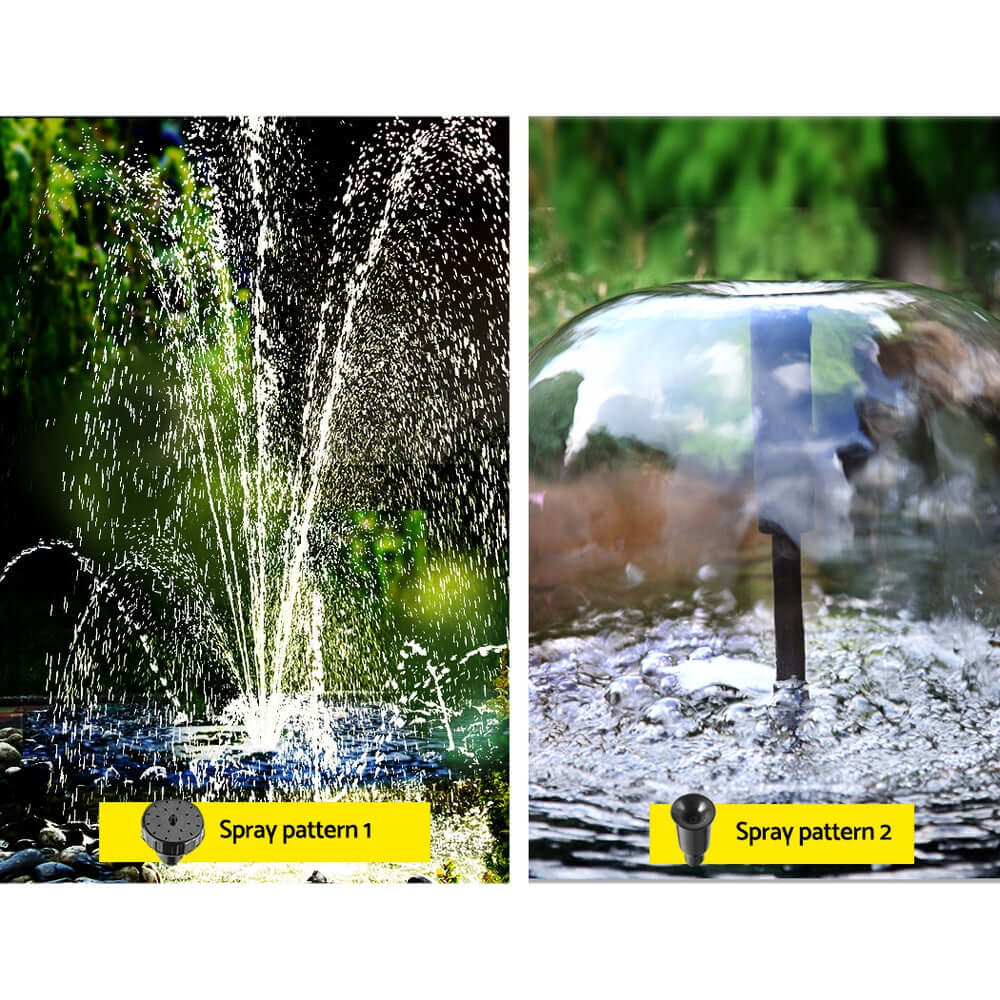 Gardeon solar pond pump showing two spray patterns for garden fountains, enhancing DIY garden aesthetics.