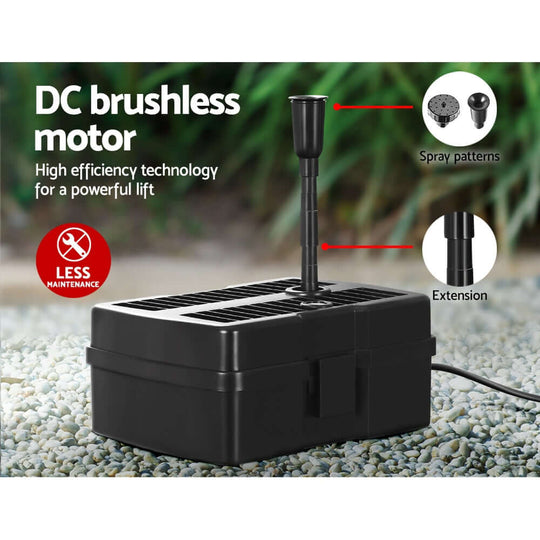 Gardeon DC brushless motor solar pond pump with filter box, featuring high efficiency and low maintenance for DIY gardens.