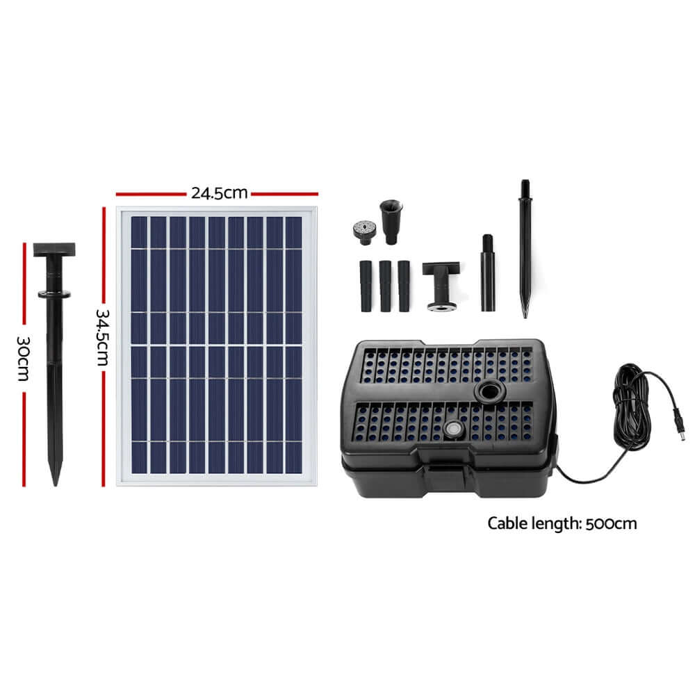 Gardeon solar pond pump components: solar panel, filter box, connectors with cables, affordable DIY outdoor upgrade.