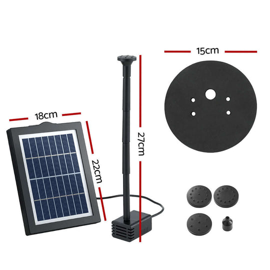 Gardeon solar pond pump components including solar panel, fountain head, and nozzle options for affordable DIY garden decoration.