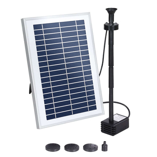 Gardeon solar pond pump with solar panel, adjustable nozzle, designed for affordable DIY water features.