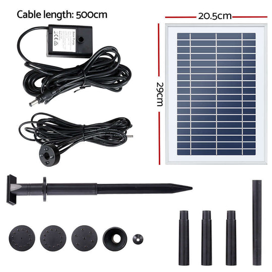 Gardeon Solar Pond Pump components including solar panel, cables, and adjustable fountain parts.