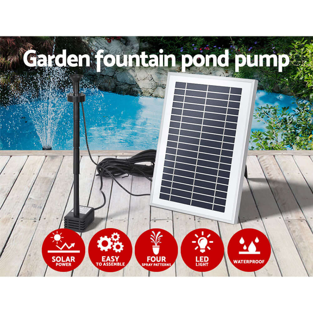 Gardeon solar garden fountain pond pump with solar panel, LED light, waterproof features, and four spray patterns.