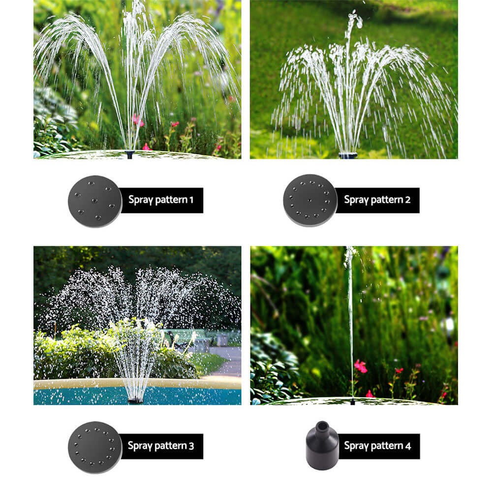 Gardeon solar pond pump spray patterns showcasing four different water spray designs for outdoor fountains.